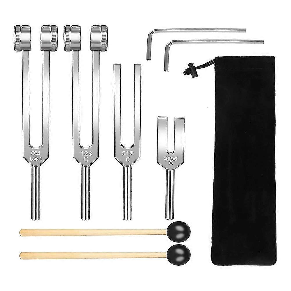 Tuning Fork Set (128hz, 136.1hz, 512hz,4096hz) Of Tuning Forks With Reflex Hammer For Healing Chakr