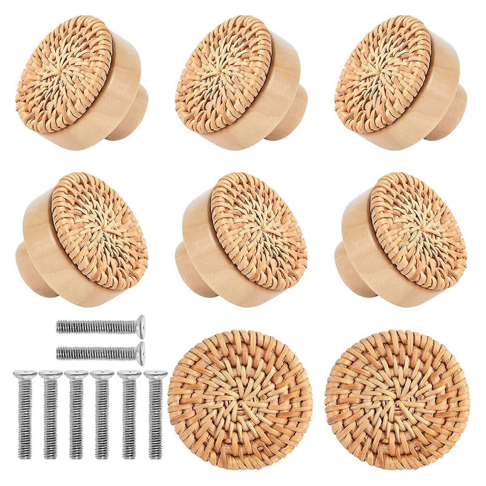 8Pcs Bohemian Rattan Wooden Handles Rustic Vintage Style Single Hole Handles for Cabinets Furniture KAESI