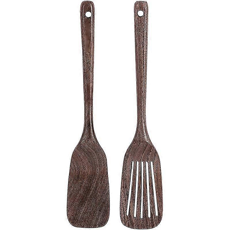Wooden Spatula&Slotted Spatula for Cooking,Black Walnut Long Handle Wood and Slotted Turner for Non