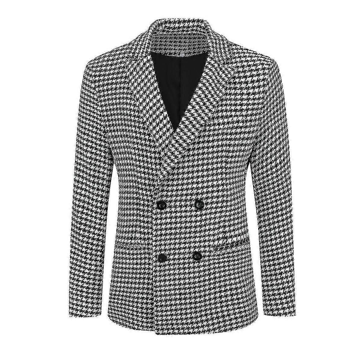 Mænd sort og hvid plaid dobbeltbrystet 4 knap slank pasform afslappet jakkesæt
