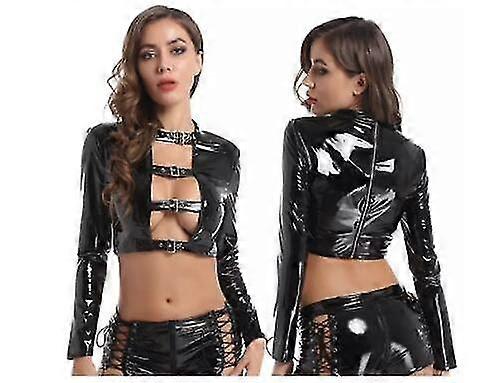 Kvinnor Glänsande Wetlook Läder Underkläder Set Erotisk Glansig Latex Boxer Under Öppning Gren Läder Toppar Porr Bröst Exponerad