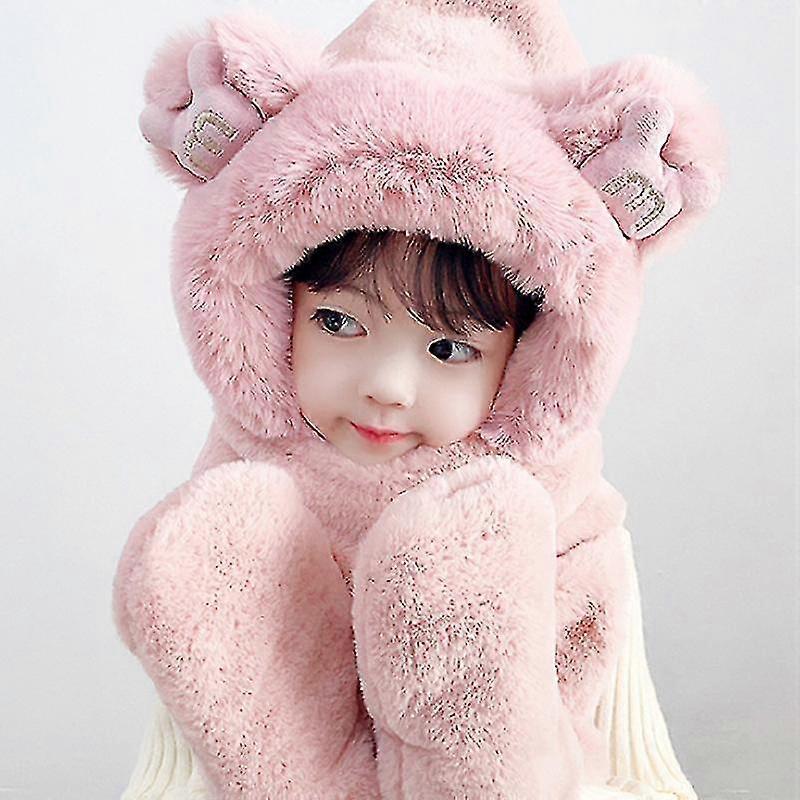 Kids Teens Girls 3 In 1 Warm Set Plush Fluffy Cartoon Winter Hat Scarf Mitten Gloves