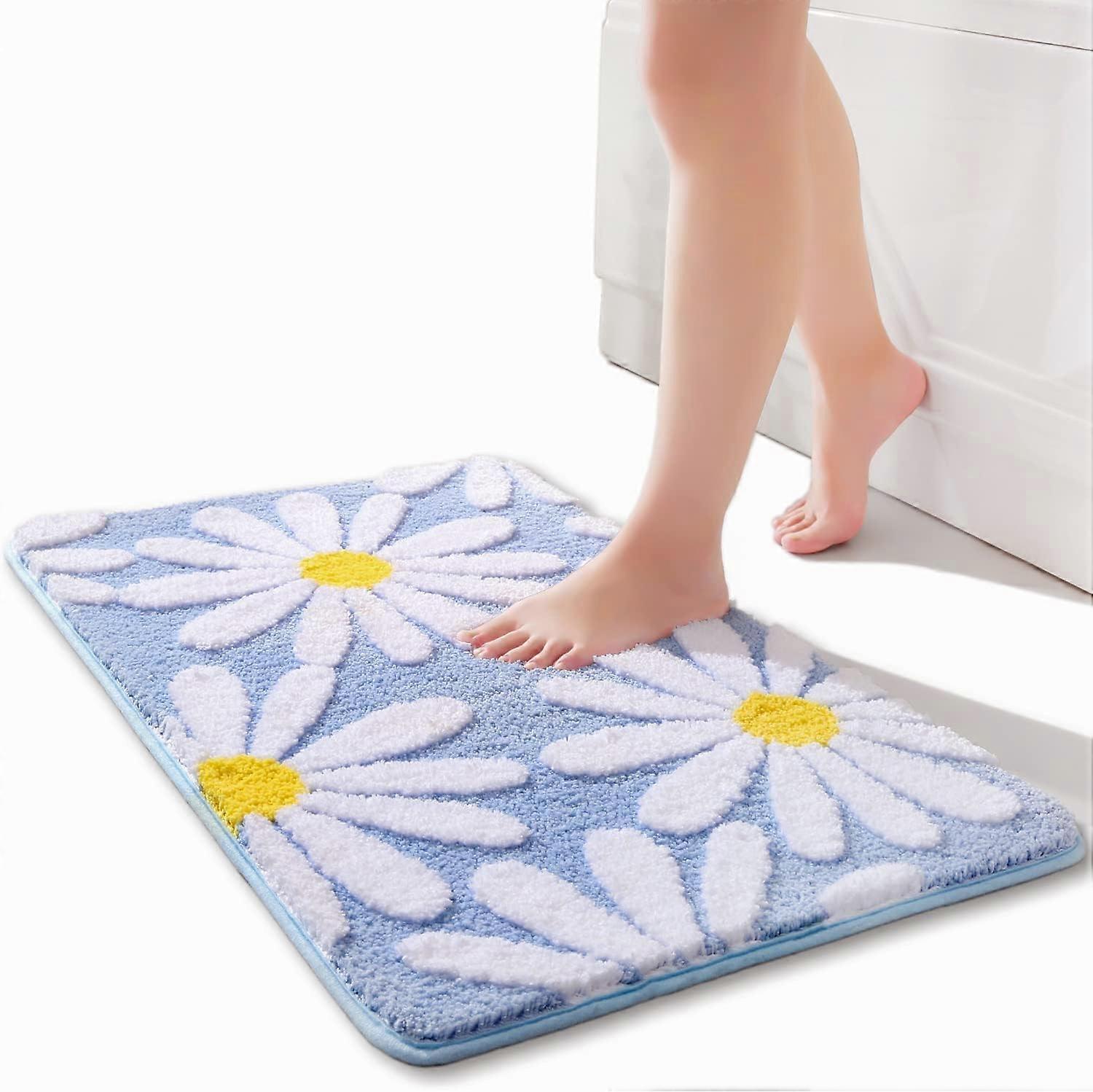 Blue Bath Mat White Flower Rug 50 x 80 cm, Non Slip Bath Mats for Bathroom, Soft Microfiber Bathroom Mat, Machine Washable Rug Durable Bathmat, Super