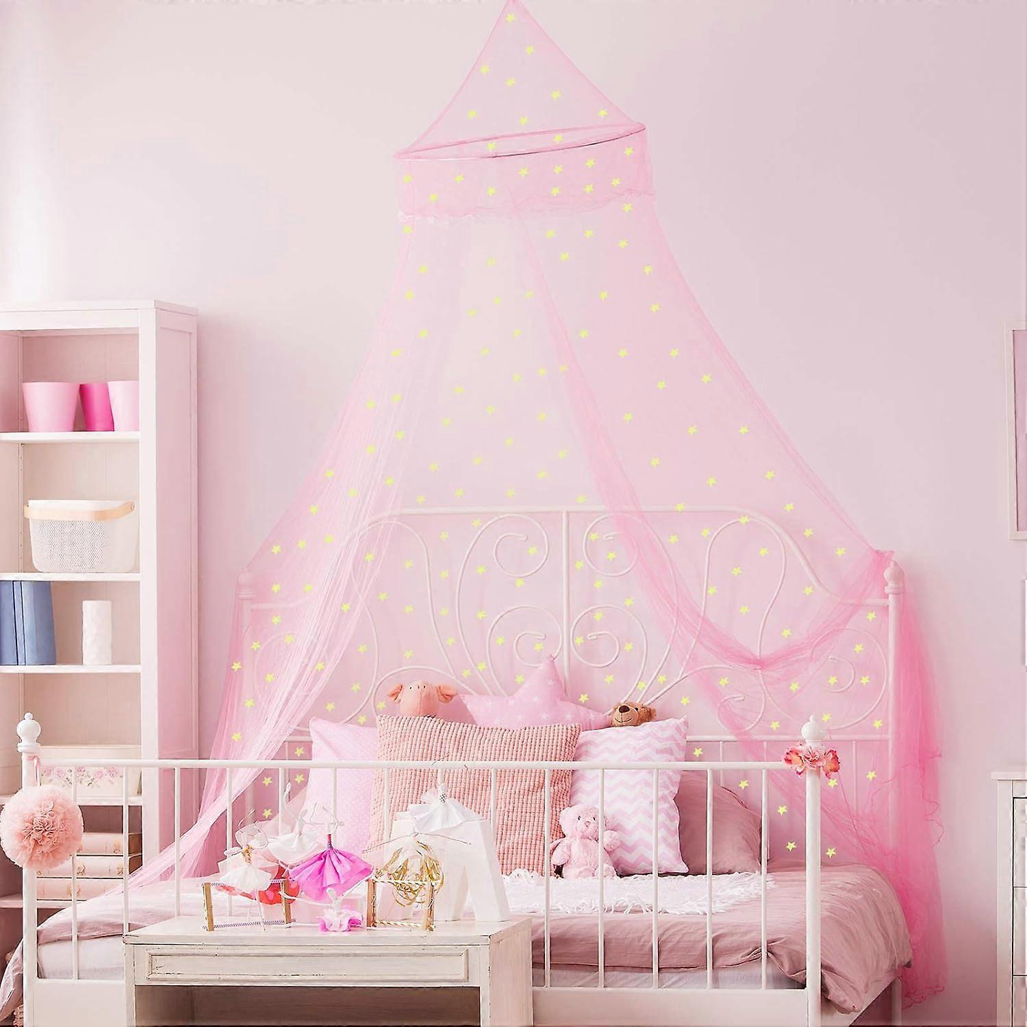 Bed Canopy Mesh Netting with Fluorescent Stars Glow in Dark Hanging Bed Dome Canopy Easy Installation Hanging for Single to King Size Beds (Pink)