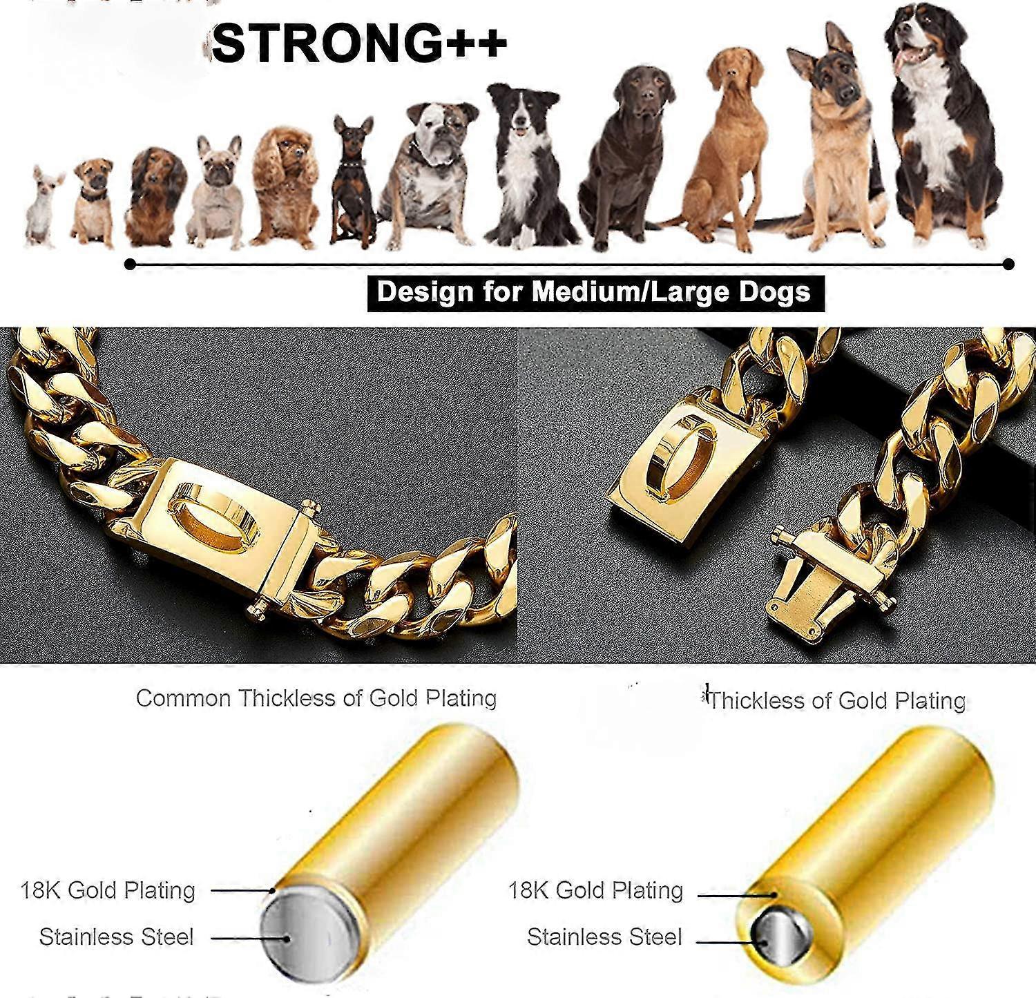Gold Dog Chain Collar Metal Chain Collar With Design Secure Buckle, 18k Miami Cuban Link Chain 15mm Strong Heavy Duty Chew Proof Walking Collar 26inch