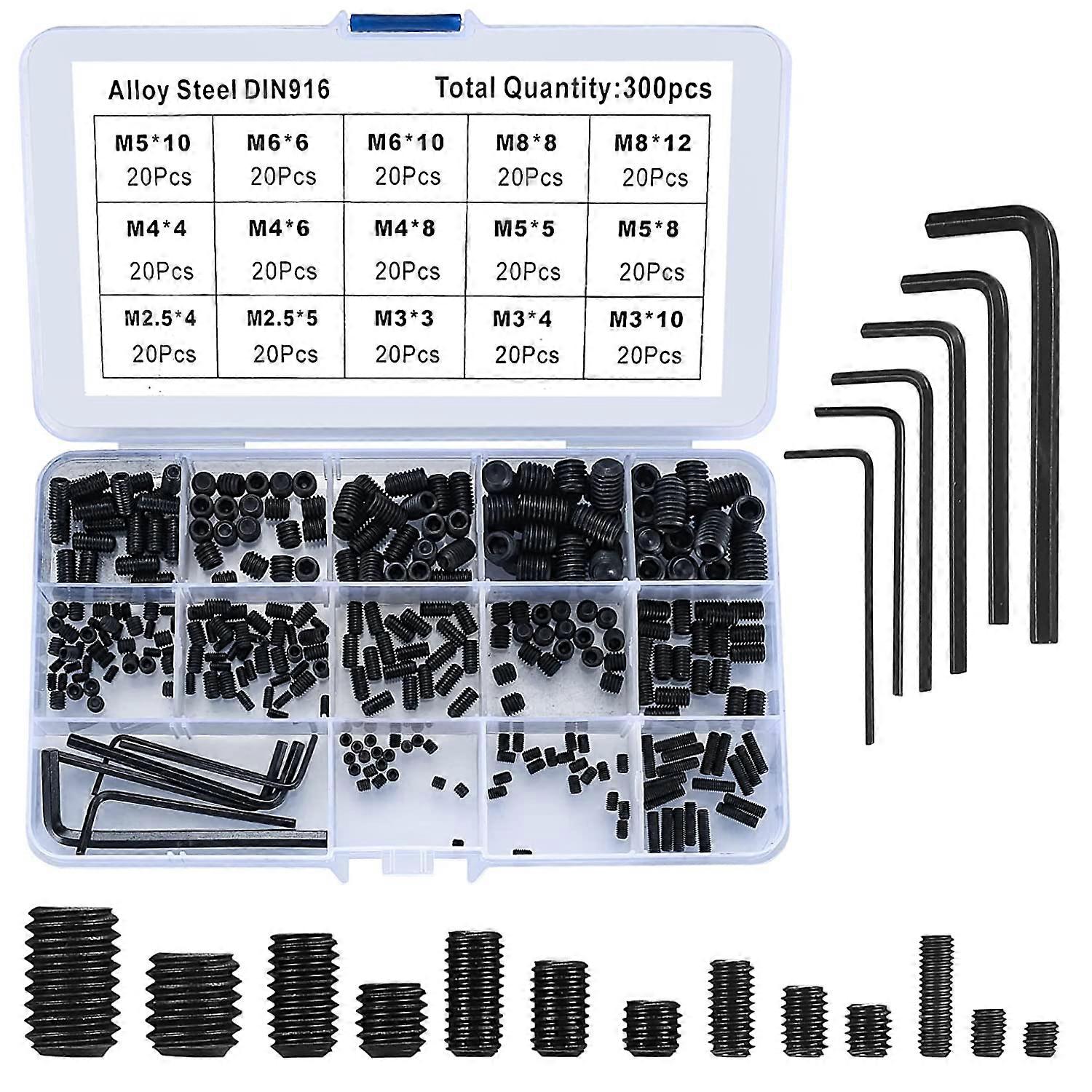 300pcs Hex Socket Set,Hexagon Head Cap Screws Assortment Kit,M2.5/M3/M4/M5/M6/M8 Alloy  Set Screw