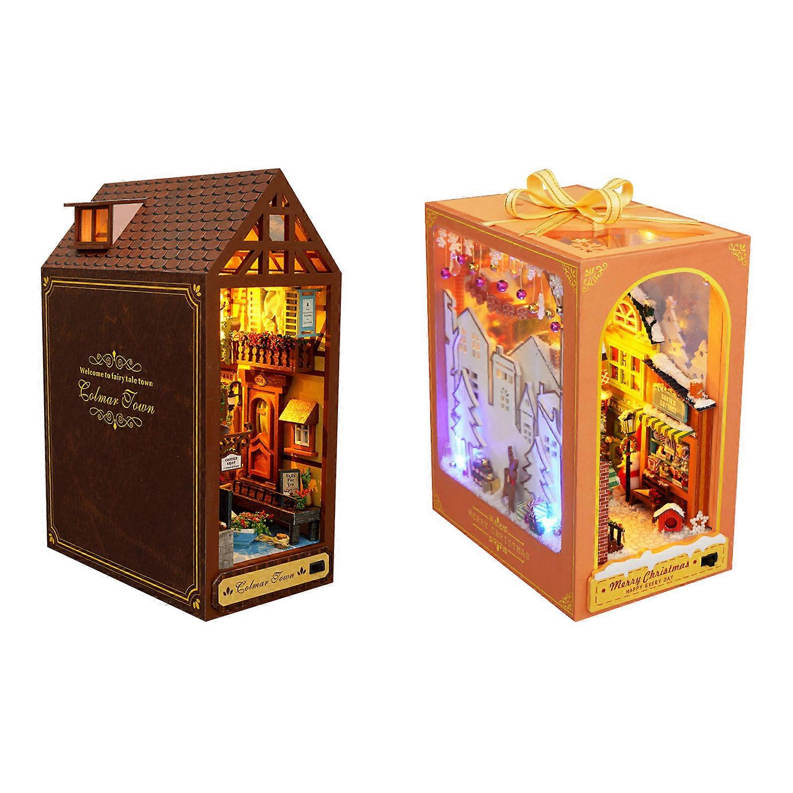 DIY Book Nook Kit, 3D Wooden Puzzle Bookshelf Insert Decor with LED Light Brand New