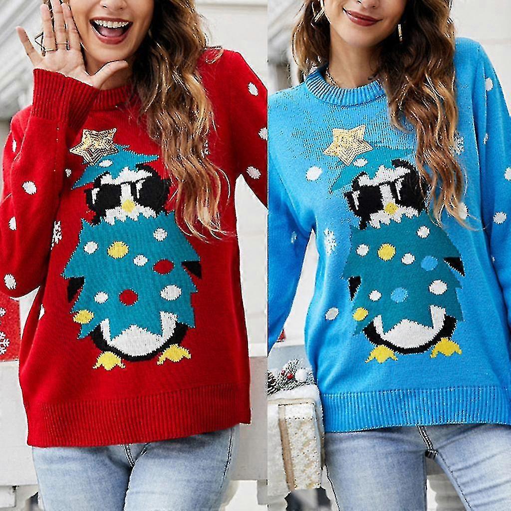 Womens Ugly Christmas Sweater Penguin Sequined Star Long Sleeve