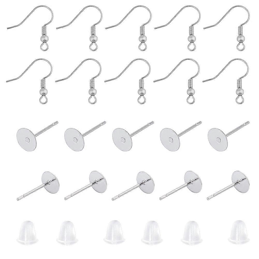 1Box 400pcs Stainless Steel Earring Findings Sets Flat Round Stud Earring Findings with Earring Hooks and Plastic Ear Nuts for DIY Earring Making Stai