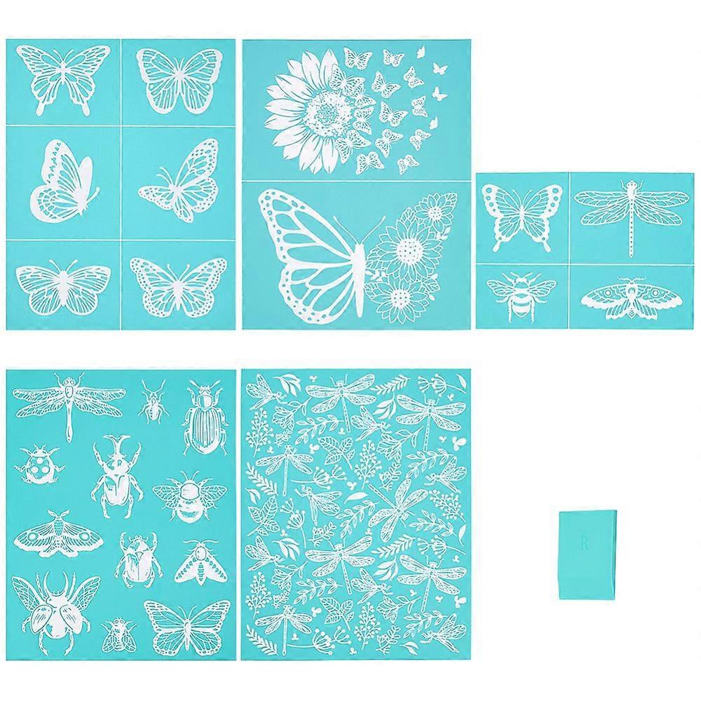 5Pcs 5 Styles Self-Adhesive Silk Screen Printing Stencil with 1Pc PET Baking Spatulas Butter Cake for Painting on Wood DIY Decoration T-Shirt Fabric T