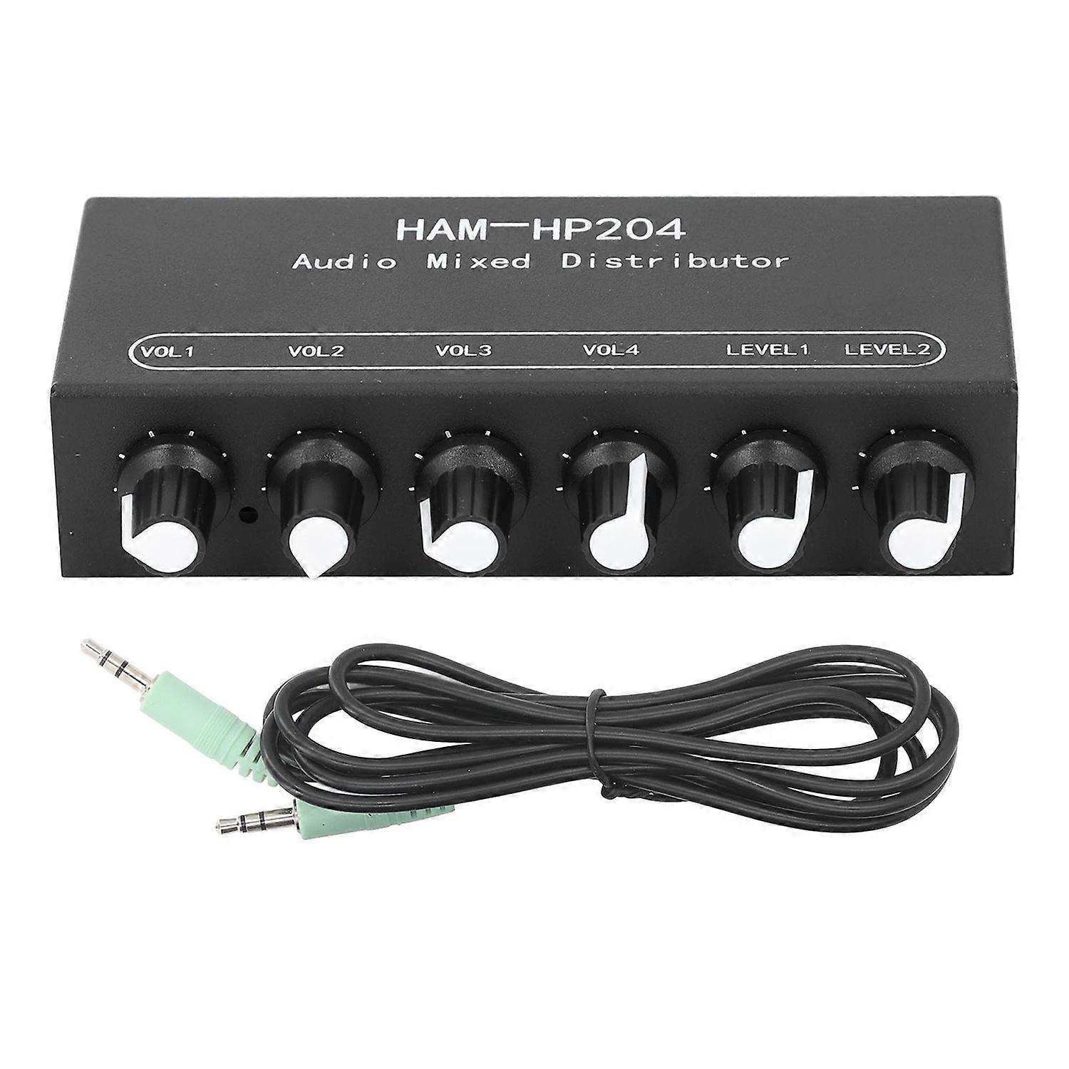 Stereo Mixer Distributor 2 in 4 Out Independent Control 5x Amplification for PC Mic Guitar Keyboard 