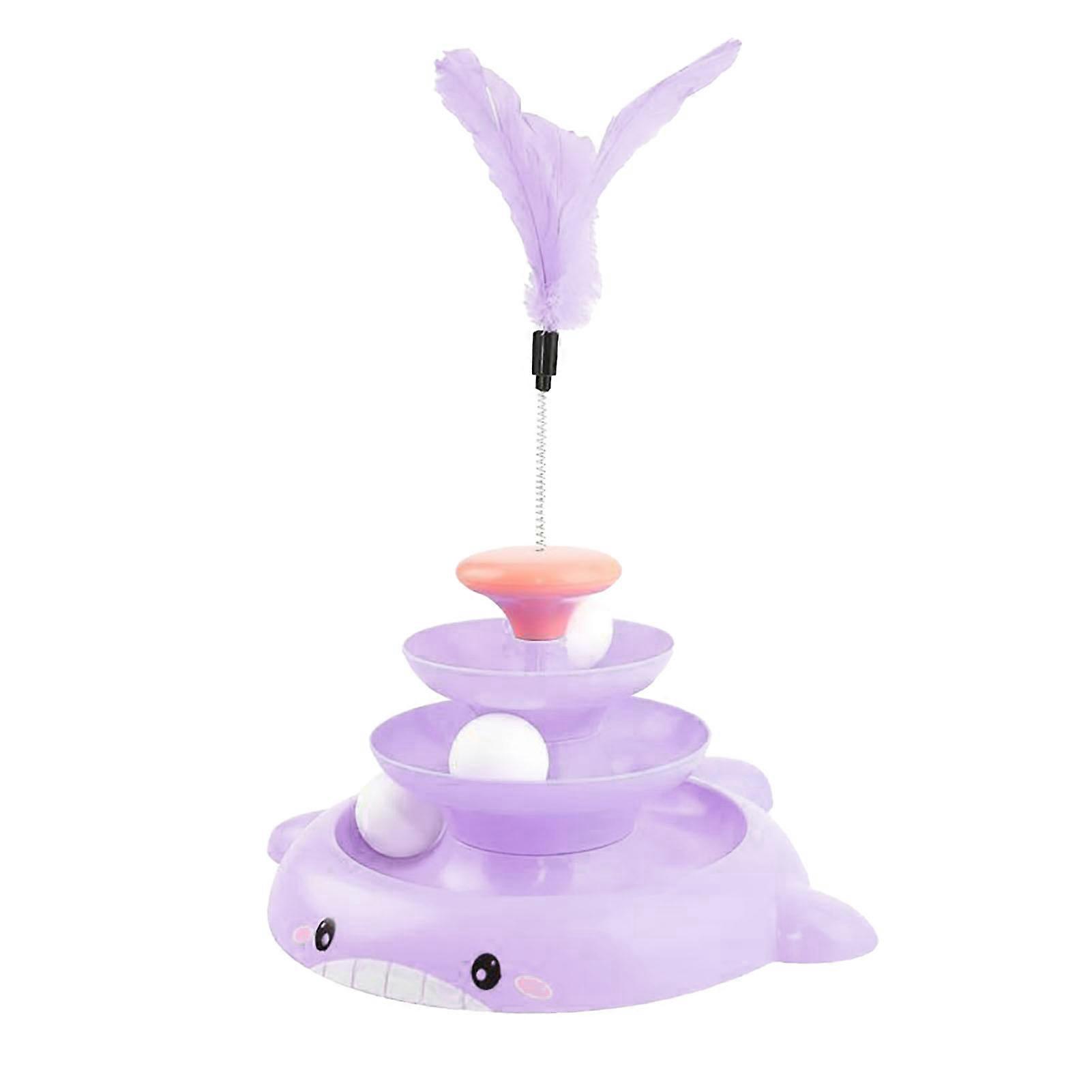 Cat Turntable Ball Toy 3 Levels Interactive Relieve Boredom Kitten Tower Roller Toy with Feather Stick and 3 Balls Purple