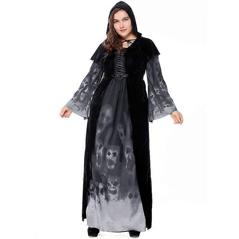 2022 Halloween Skeleton Print Witch Long Vampire Costume Plus Size Queen Performance Costume