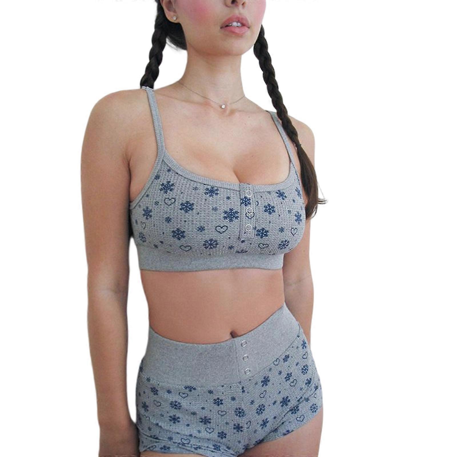 Womens 2Pcs Tracksuit Outfits Lounge Set Spaghetti Strap Cami Crop Top and Elastic Waist Shorts Flower Print Pajamas  Gray S