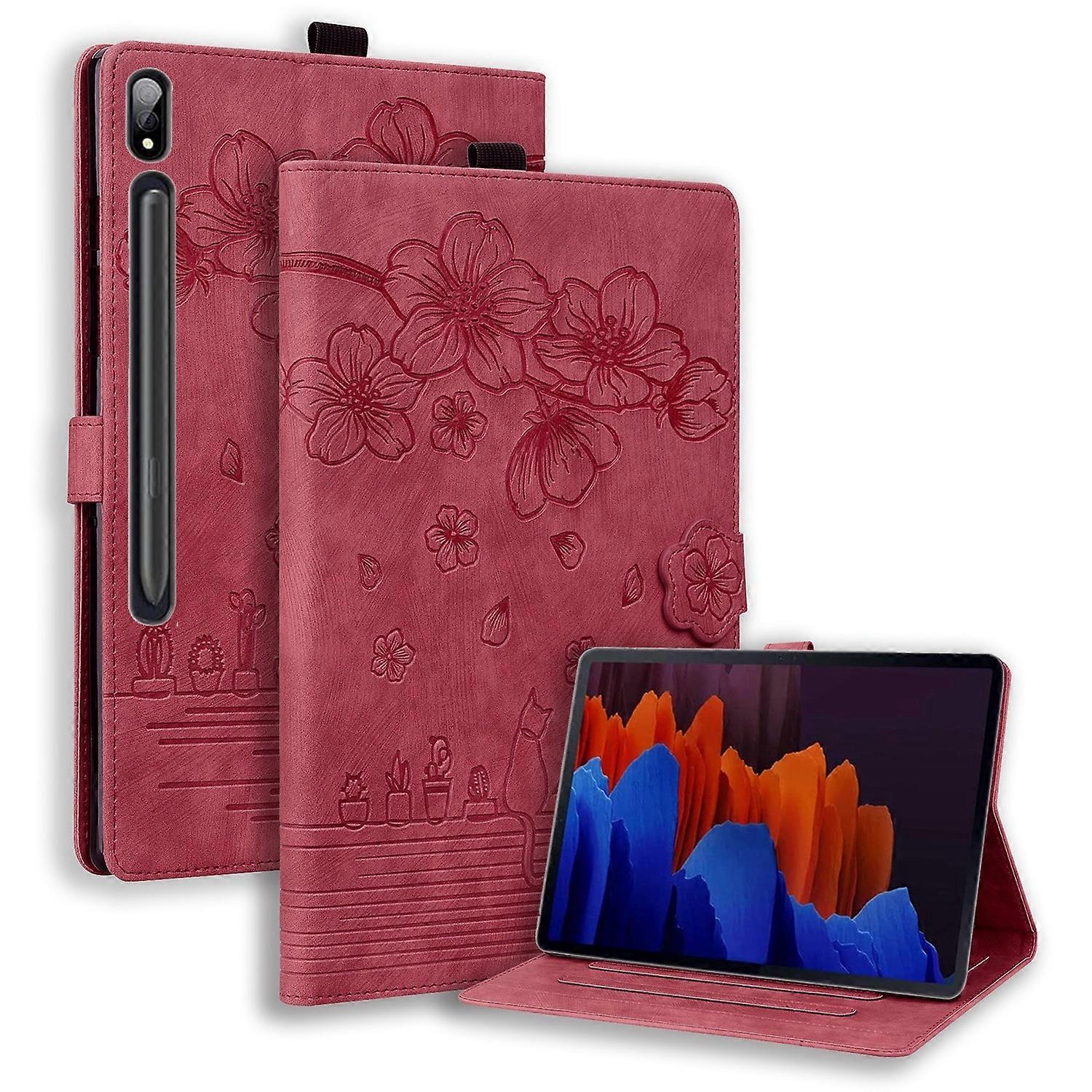 Cartoon Sakura Cat Embossed Smart Leather Tablet Case