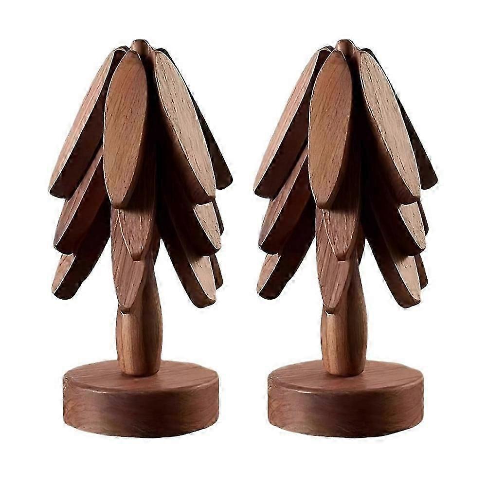 2Sets Wooden Tree Coasters,Wooden Insulation Mat,Stackable Tree Coasters Set of 4, Black Walnut Trivet Coaster