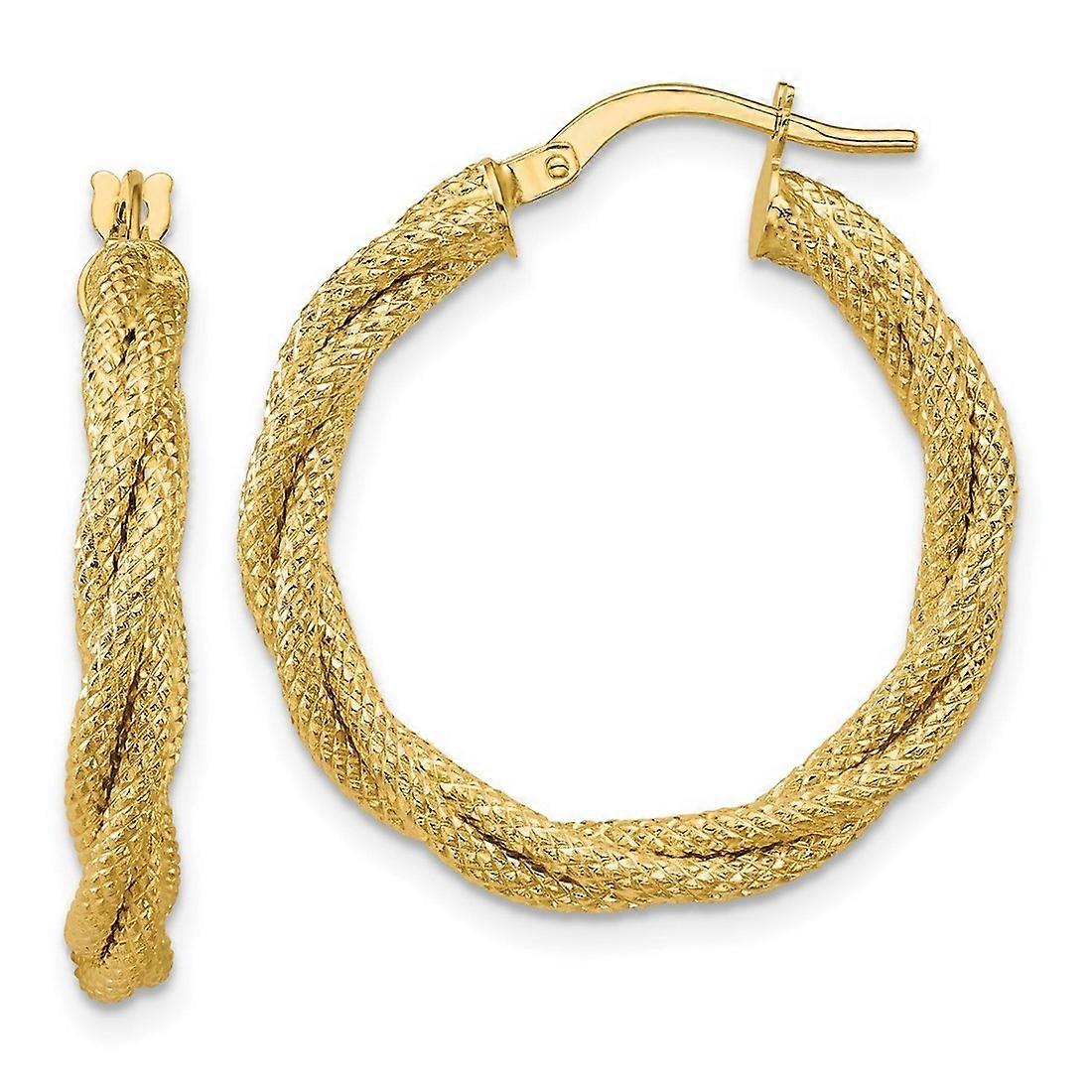 14k Solid Yellow Gold Polished and Textured Twisted Round Hoop Earrings 26.2x26.85mm Wide 3.5mm Thick-Hoop Earring for W