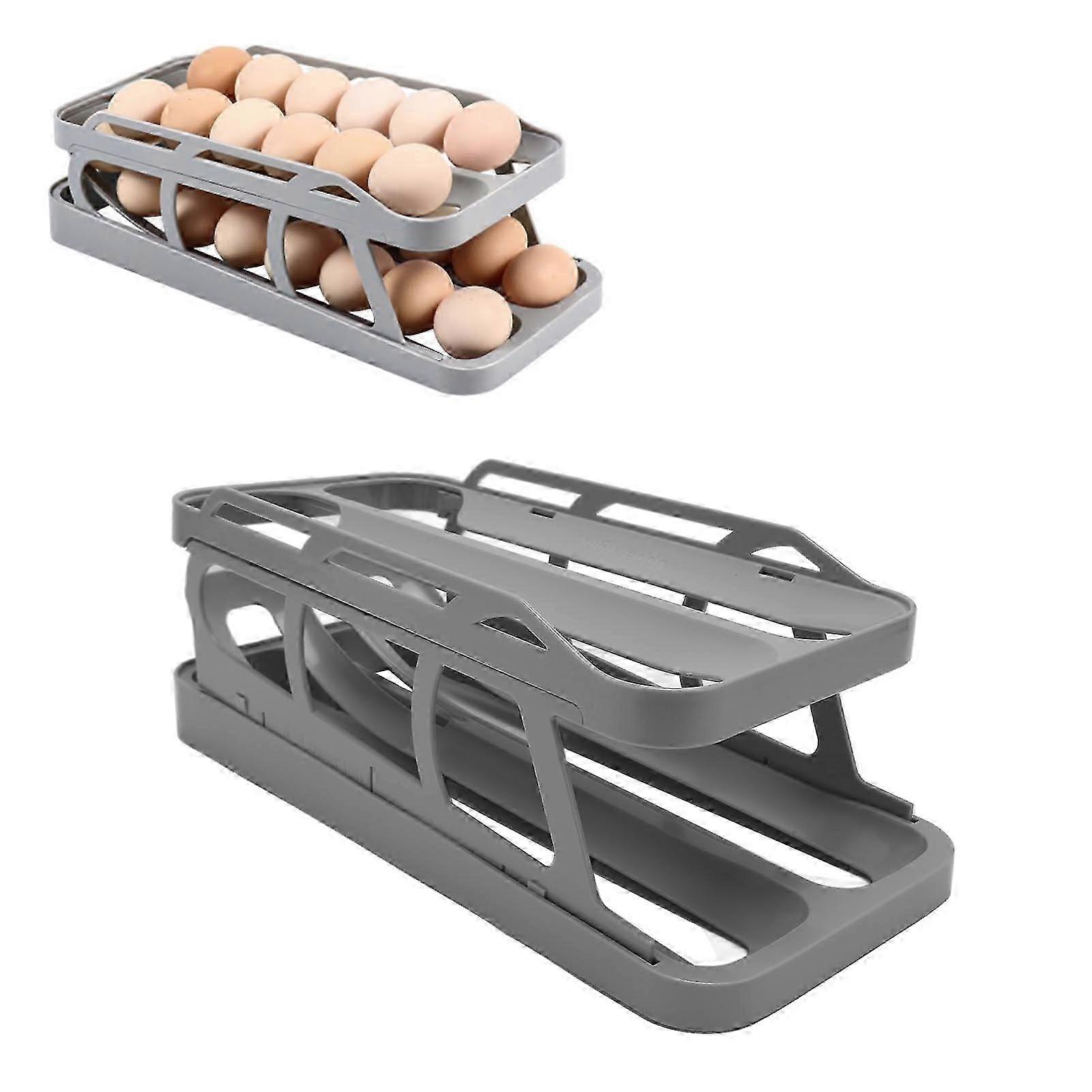 2-Tier Rolling Egg Dispenser Organizer for Fridge Storage - Space Saving - Grey