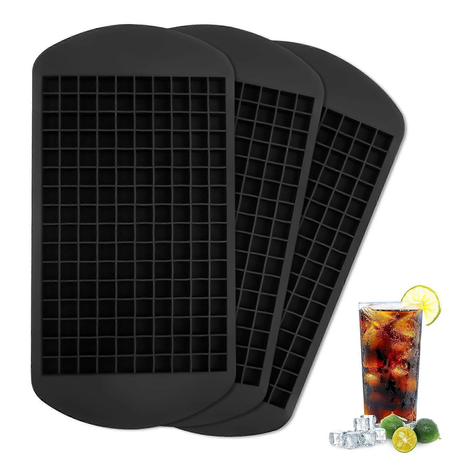Pack of 3 Mini Ice Cube Trays, 160 Small 1 cm Grid, Silicone, Reusable (Black)