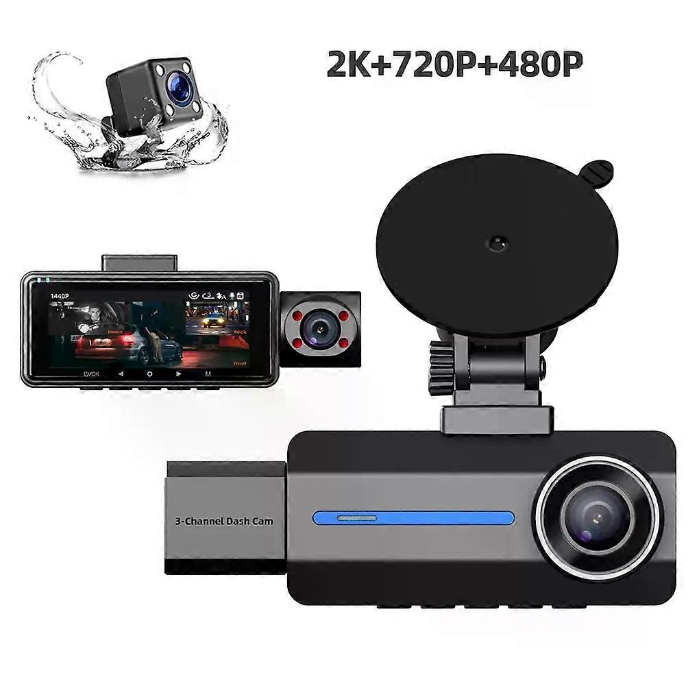3 Channel 25K Dash Cam 1440P Dash Cam Triple Car Camera G-Sensor 24Hr Parking 170Wide Angle Loop Recording IR Night Vision DVR
