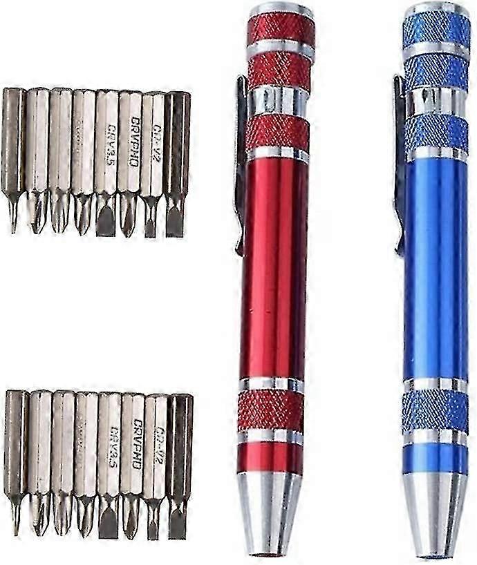 2 Pieces 8 In 1 Precision Screwdriver Set with Bits for Repair, Ballpoint Pen Design (Red + Blue)
