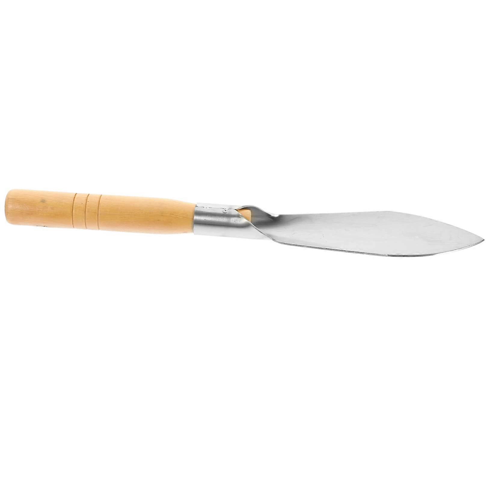 Small garden shovel with wooden handle, gardening tool for precise digging and planting in tight spaces, portable for garden work.