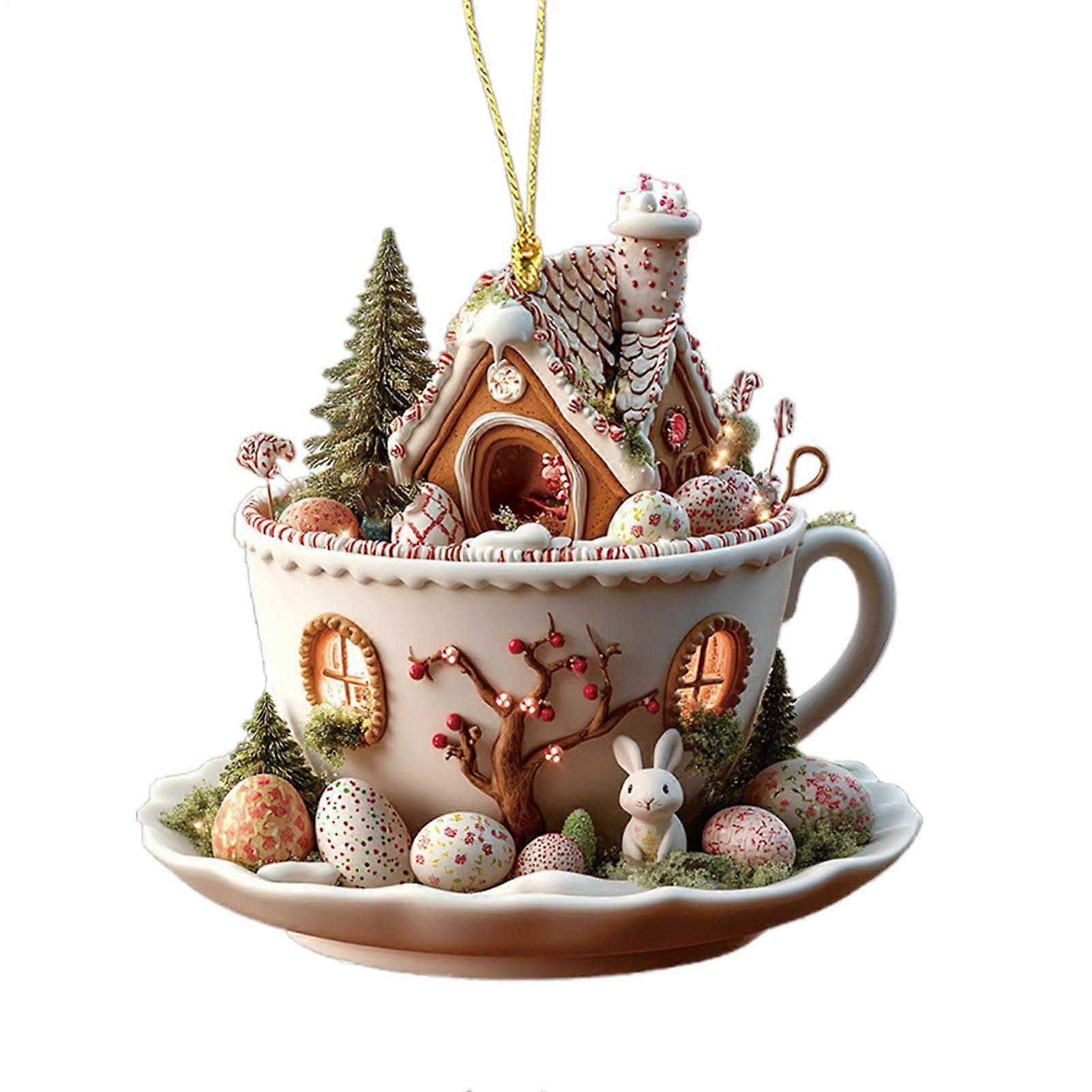 Vintage Easter Tree Decoration  Retro Easter Ornament, Easter Eggs Bunny House Coffee Cup Decor