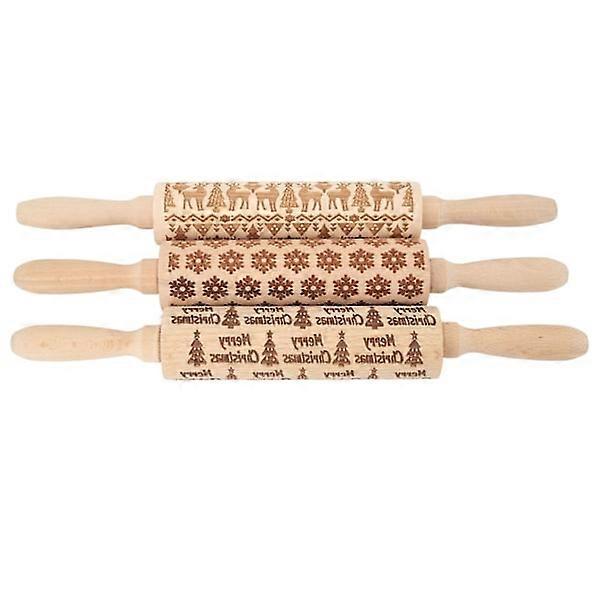 3 pcs Wood Embossed Rolling Pin Cute Christmas Pattern Engraved Embossing Rolling Pin for Baking Embossed Cookies