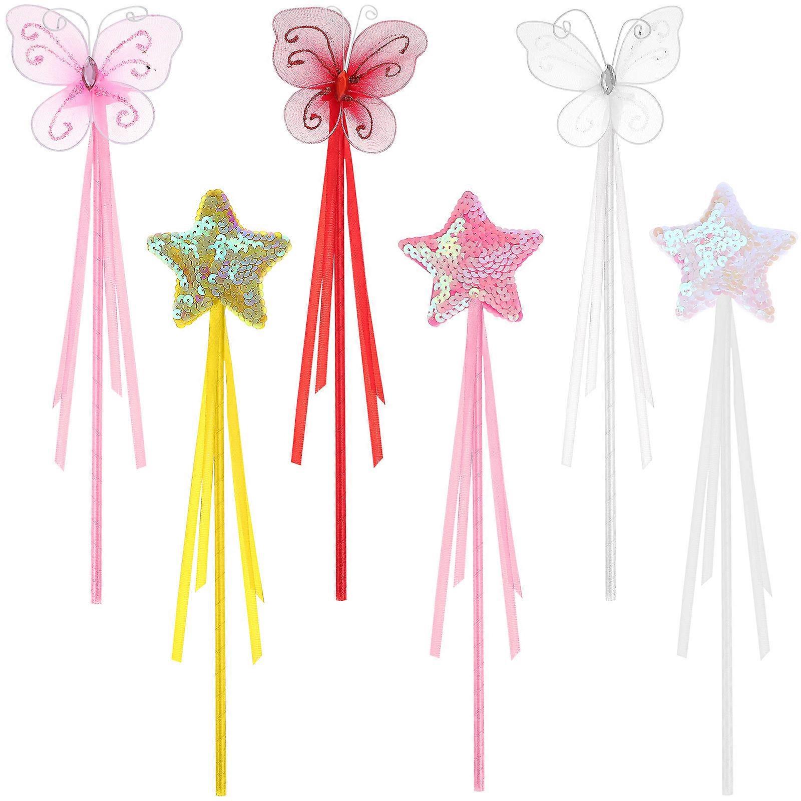 6pcs Butterfly & Star Fairy Wands for Costume Parties – Safe Design with Ribbons for Stage Performances and Dress