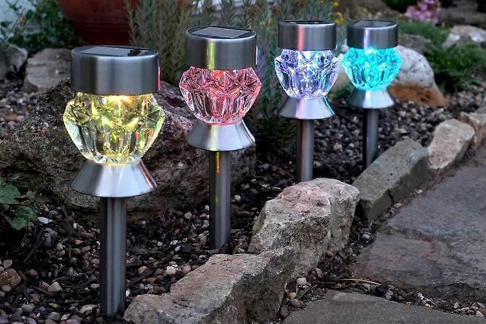 Packung mit 4 sonnenbetriebenen LED-Gartenleuchten aus poliertem Glas im Diamantstil aus Edelstahl für den Außenbereich