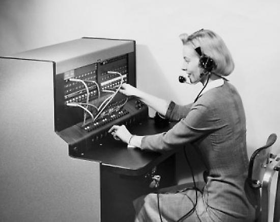 Female switchboard operator operating a telephone switchboard Poster