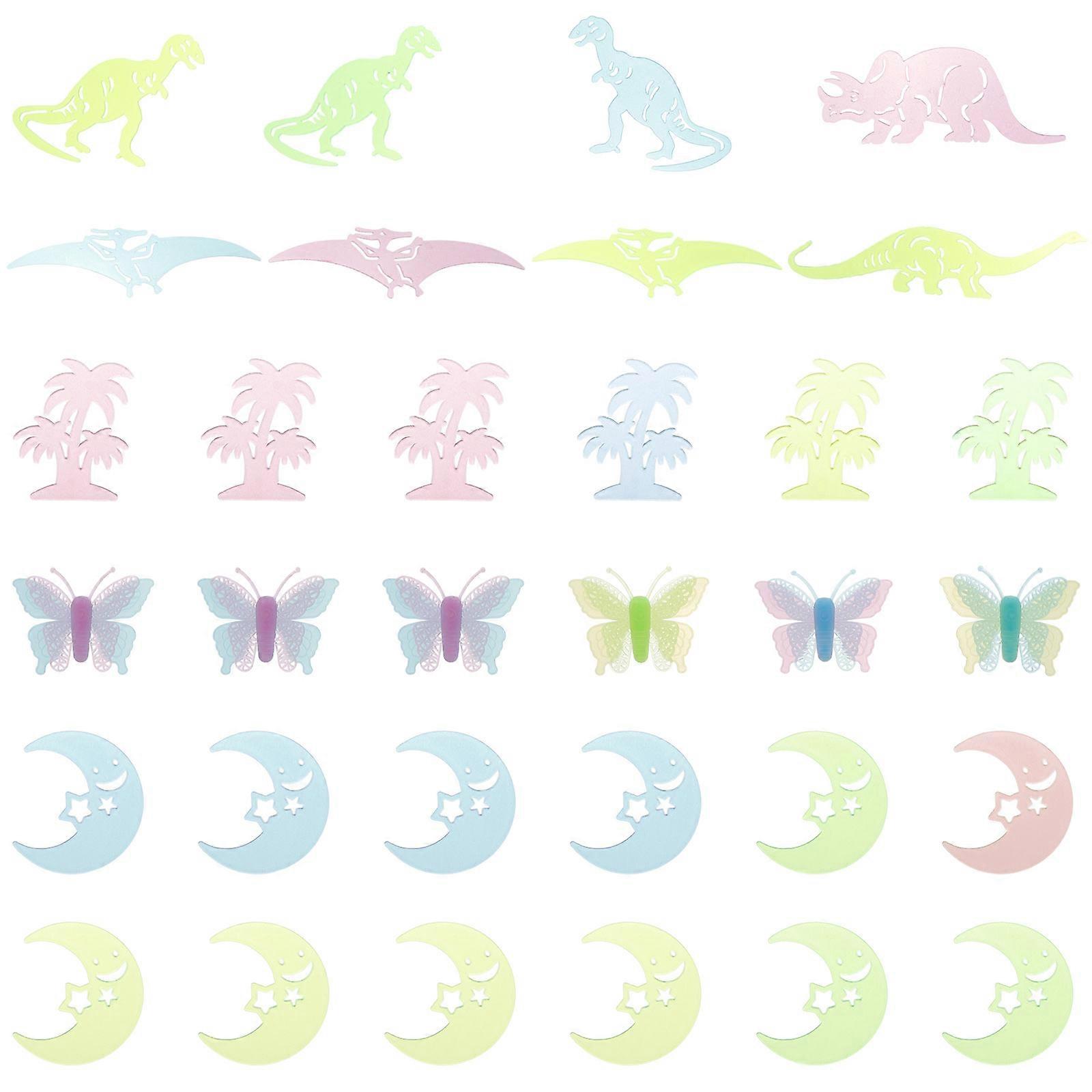 Fluorescent Wall Stickers Set Luminous Indoor Decor with Dinosaurs, Moons, Trees & Butterflies 32pcs Removable Room Decoration for Imagination &