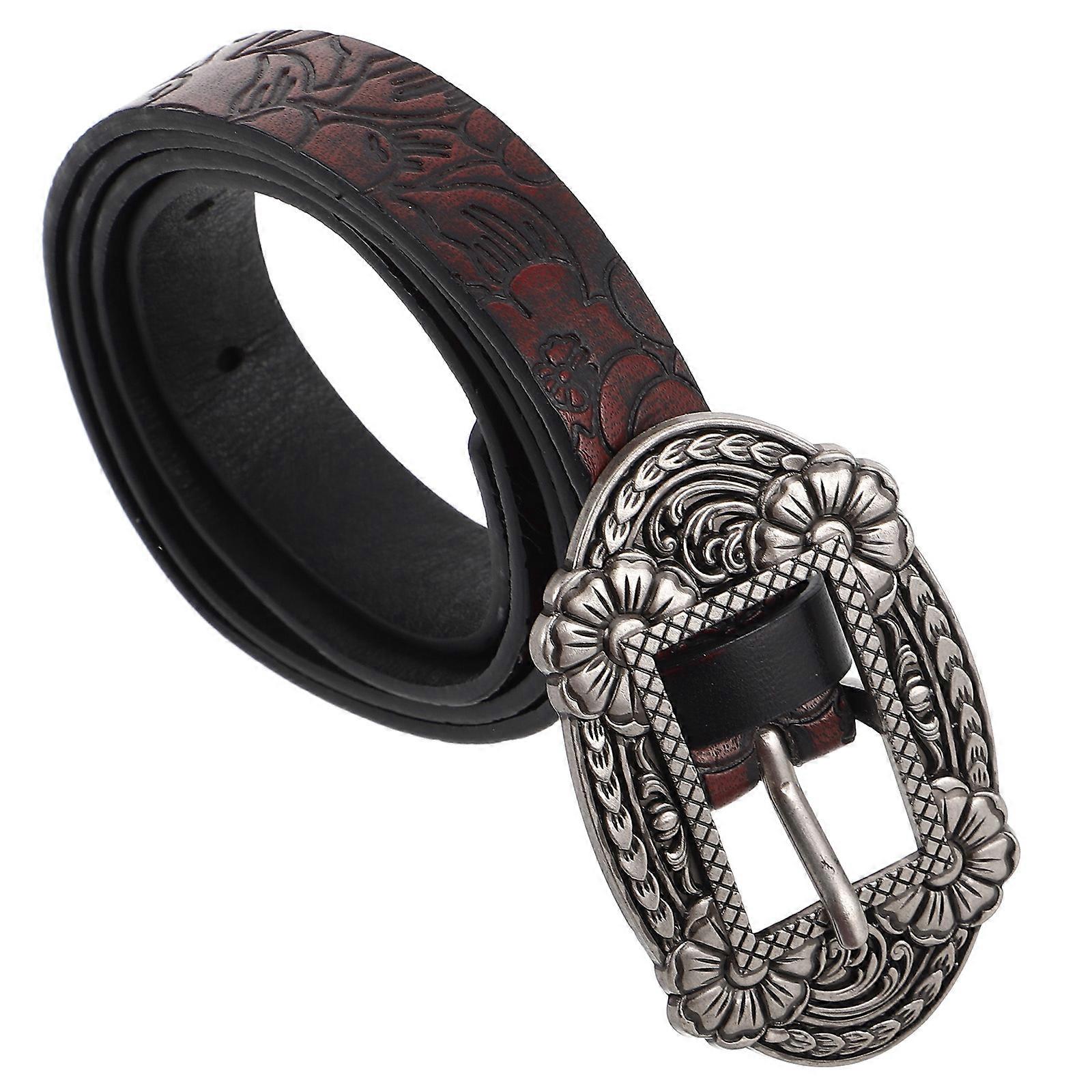 Vintage Western Cowboy Belt for Women Men Adjustable PU Floral Engraved Waistband with Distressed Finish and Carved Buckle, Soft Comfortable Design