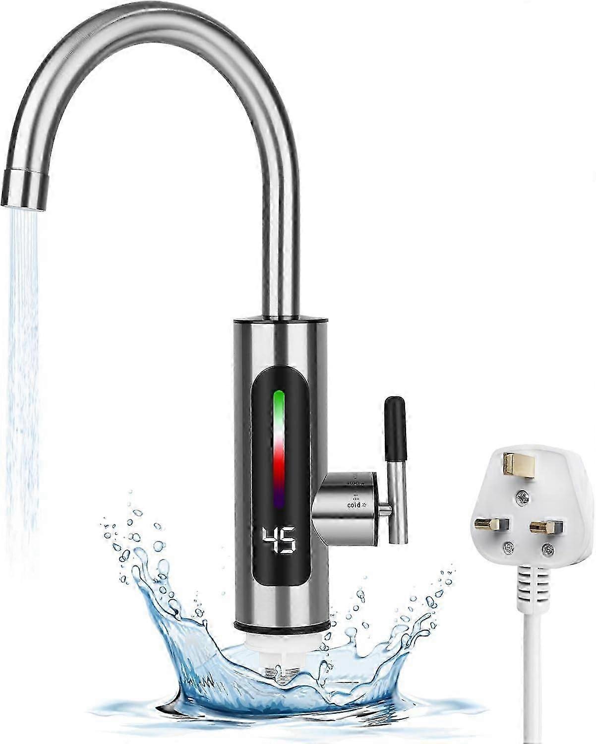 Robinet d’eau chaude instantanée électrique en acier inoxydable, 220V 3000W LED affichage de la température Robinet de chauffe-eau électrique, 360 rotatif