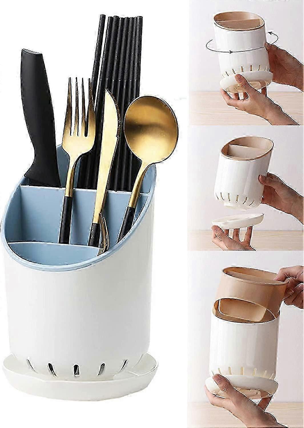 Kitchen Utensil Holders Cutlery Drying Rack for Counter with Catch Pan and Drain Hole