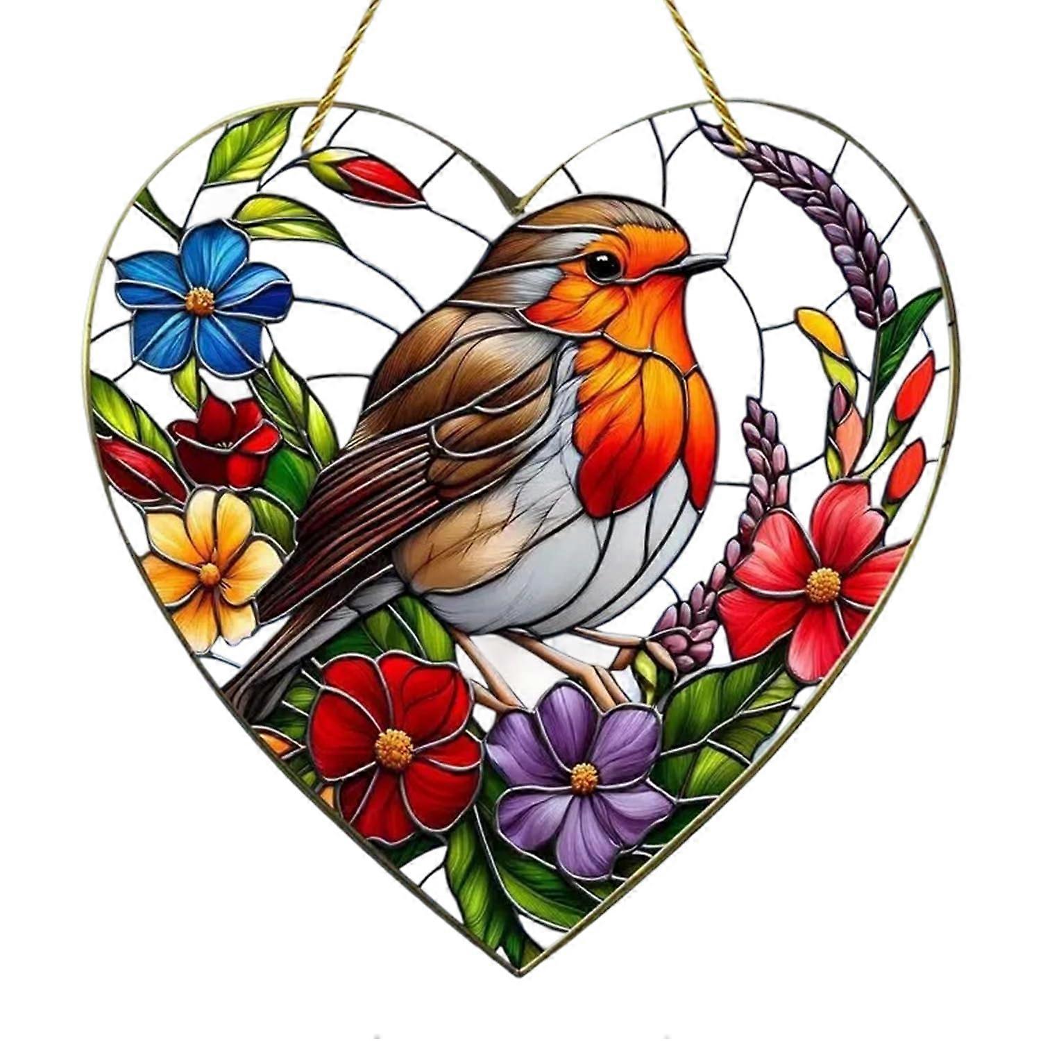 Sun Catchers for Windows, Large 20x20 CM Heart-Shaped Stained Glass Effect Robin Ornament, Colorful Bird Home Decor