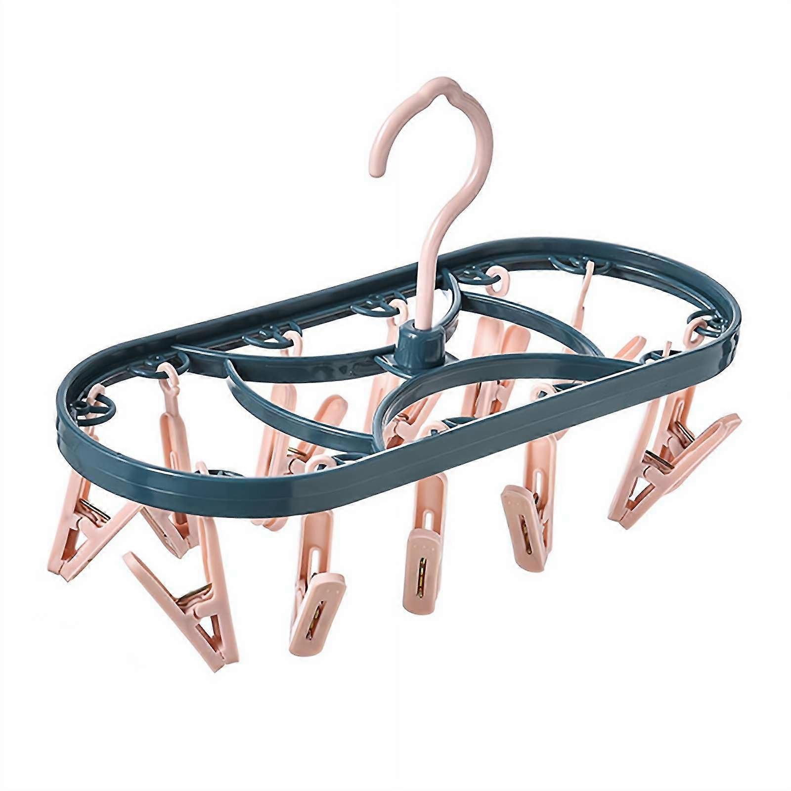 Clothes Drying Rack With 12 Clips 360 Degree Rotatable Foldable Hook Outdoor Portable Sock Dryer Organizer Pink