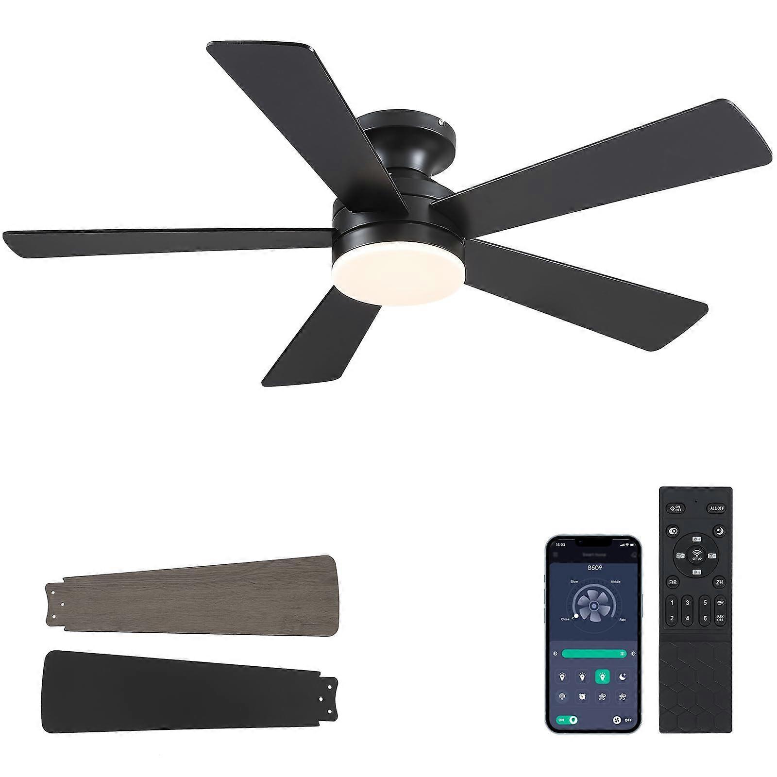 Flush Mount Ceiling Fan With Lights 46-Inch Black Ceiling Fan Light With Remote App Reversible Motor 6-Inch Downrod