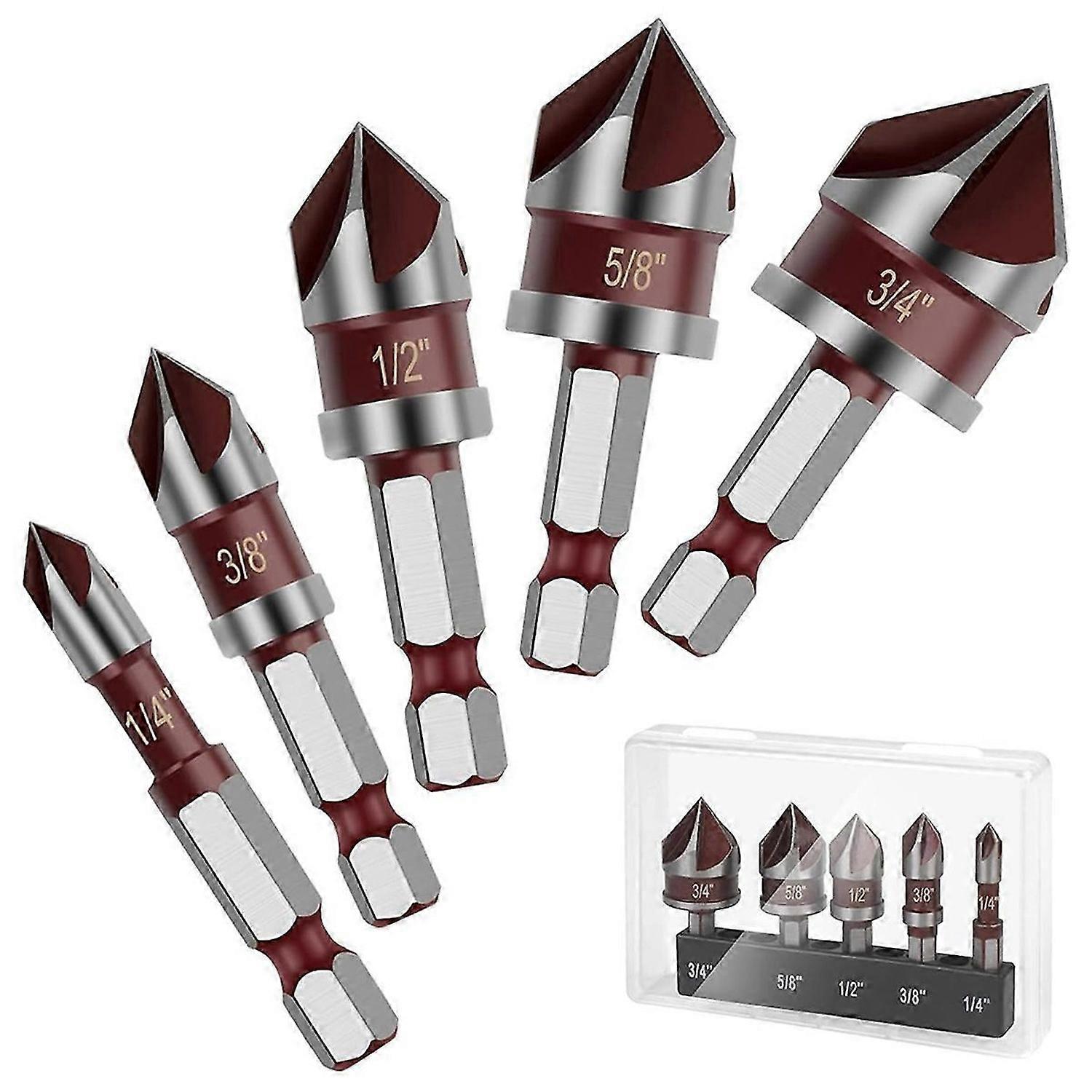 5PCS Countersink Drill Bit Set, 82 Degree HSS Counter Sink Drill Bit for Wood, Metal, Plastic Counte