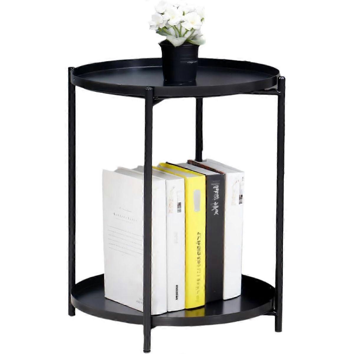 WSYW 2Tier End Table Metal Side Table Nightstand Round Accent Coffee Table with Removable Tray Black