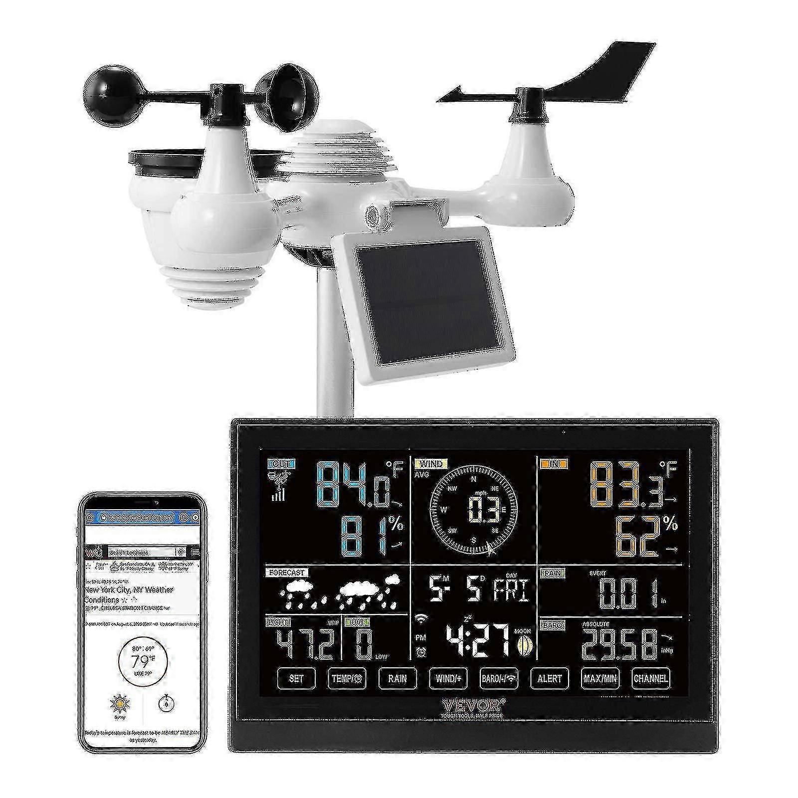 7-in-1 Wi-Fi Weather Station, 7.5 in Color Display, Home Weather Station Indoor Outdoor, with Solar Wireless Outdoor Sensor Alarm Alerts, for Tempera