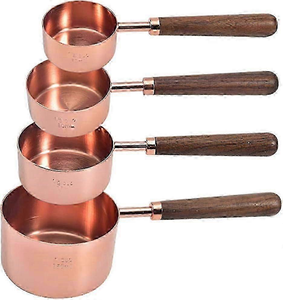 Set of 4 Stainless Steel Measuring Cups,Copper Plated Nesting Measuring Cup Set with Walnut Wood Handle for Dry and Liquid