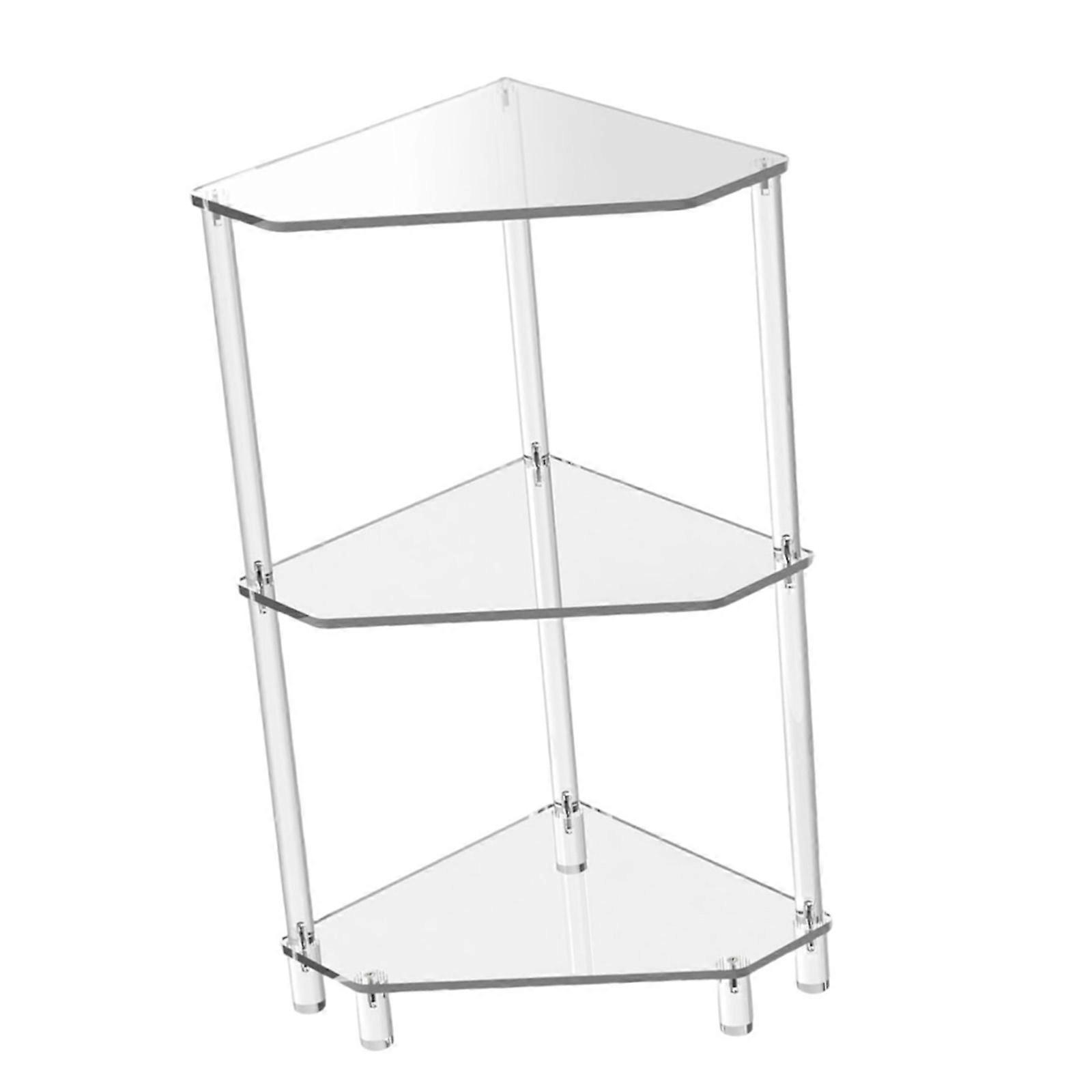 Mesa de canto contemporânea e resistente em acrílico com três níveis, ideal para quarto ou sala de estar, otimiza o espaço em cantos e possui um design multicolorido.