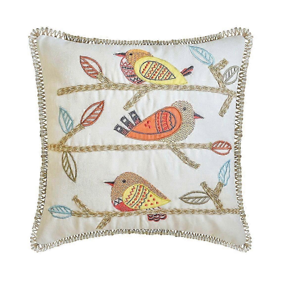 Orange Cotton Throw Pillow Cover 16x16in Bird Floral Embroidery