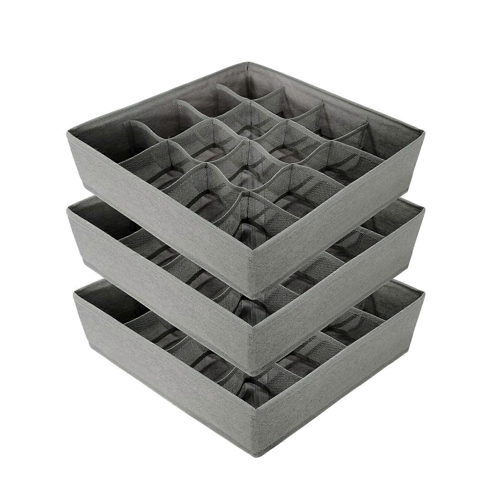 3 Pack Drawer Organizer with 16 Grid Sock and Underwear Dividers for Closet Storage, Foldable Grey