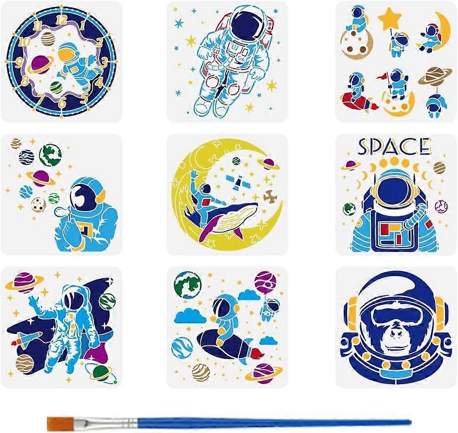 9 PCS Space Theme Painting Stencils with Brush 11.8x11.8 inch Universe Pattern Drawing Template Astronaut Template Space Theme Plastic Stencil for DIY