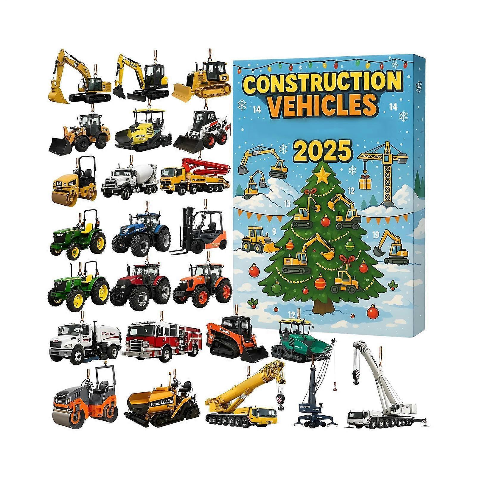 Christmas Advent Calendar with Engineering Vehicle Theme, 24Day Acrylic Ornament Set for Tree Decoration