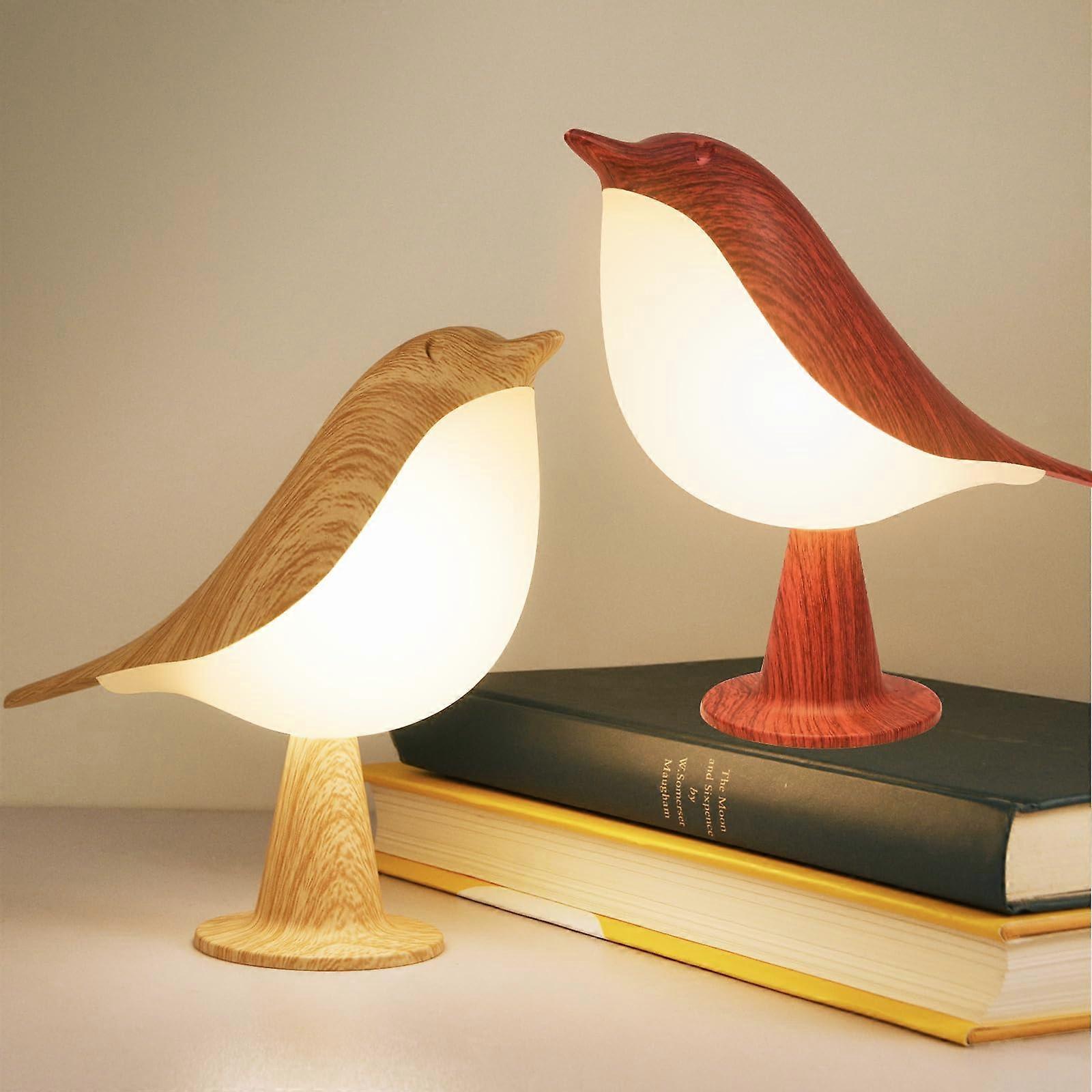 Rechargeable Bird Lamps with Touch Control, Adjustable Brightness, Wood and Red Bedside Night Light
