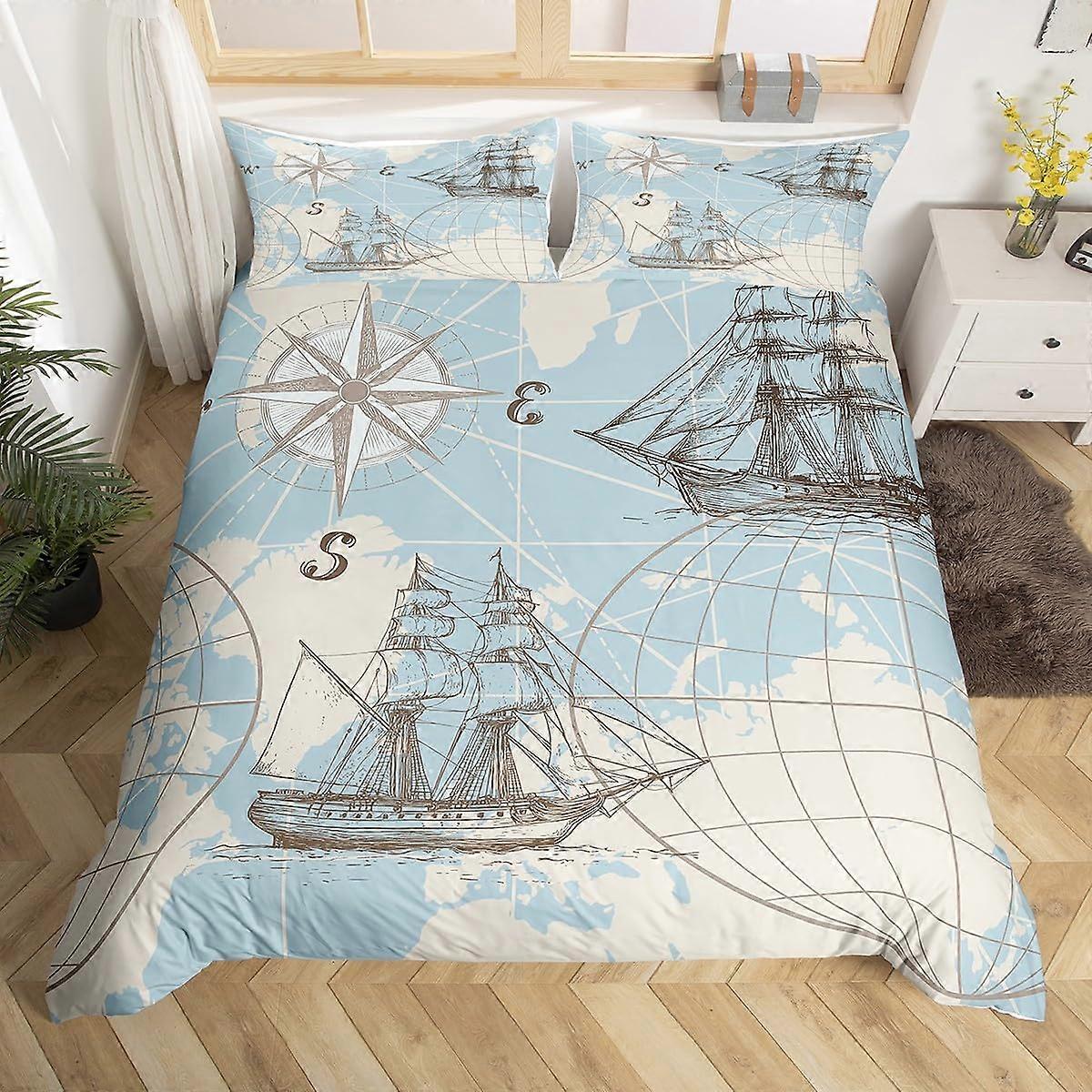 Nautical Twin Duvet Cover with Pillow Sham, World Map Bedding Set, Sailing Boat Print, Twin Size