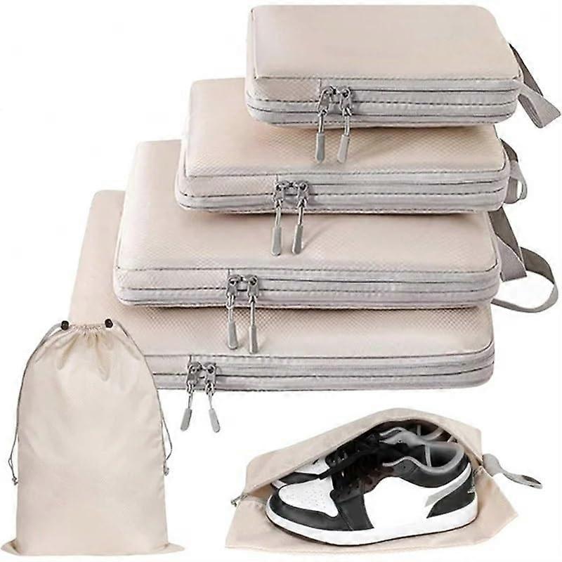 Compression Packing Cubes Set 6pcs Beige, Expandable SpaceSaving Travel Storage Bags for Clothes